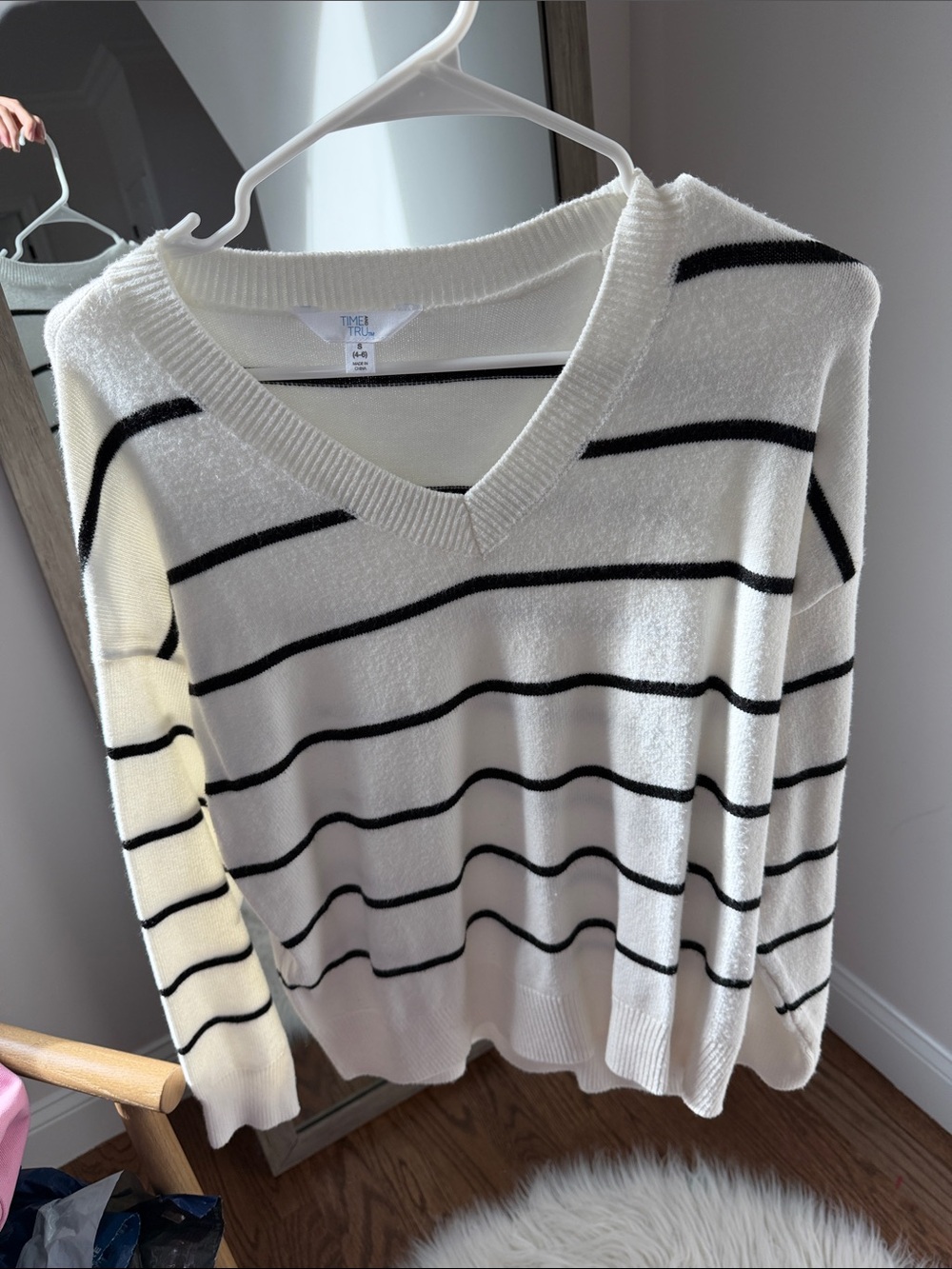 Time and Tru White V-Neck Sweater with Black Stripes